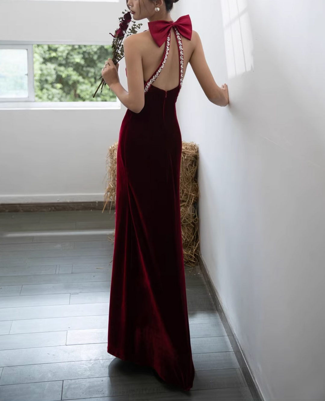 velvet halter gown with crystal trim – SILVIN