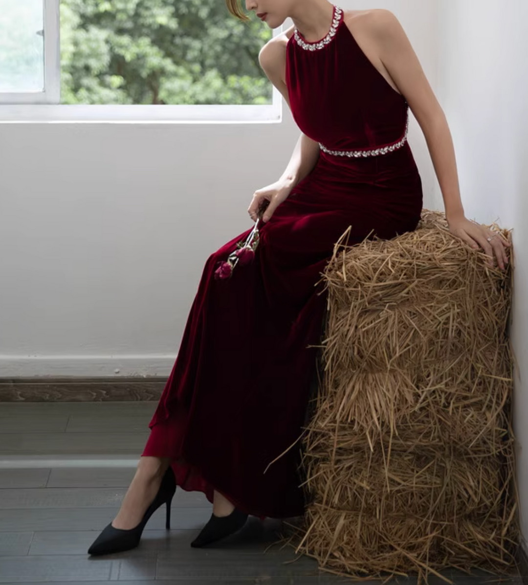 velvet halter gown with crystal trim – SILVIN