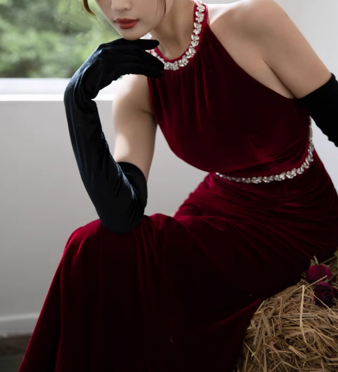 velvet halter gown with crystal trim – SILVIN