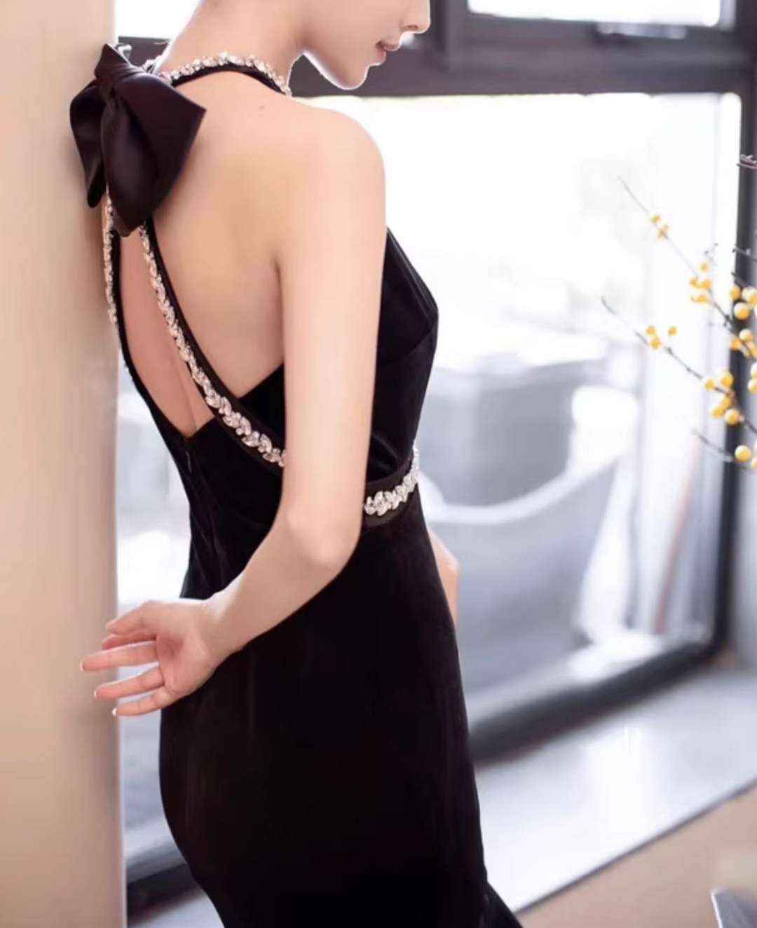 velvet halter gown with crystal trim – SILVIN