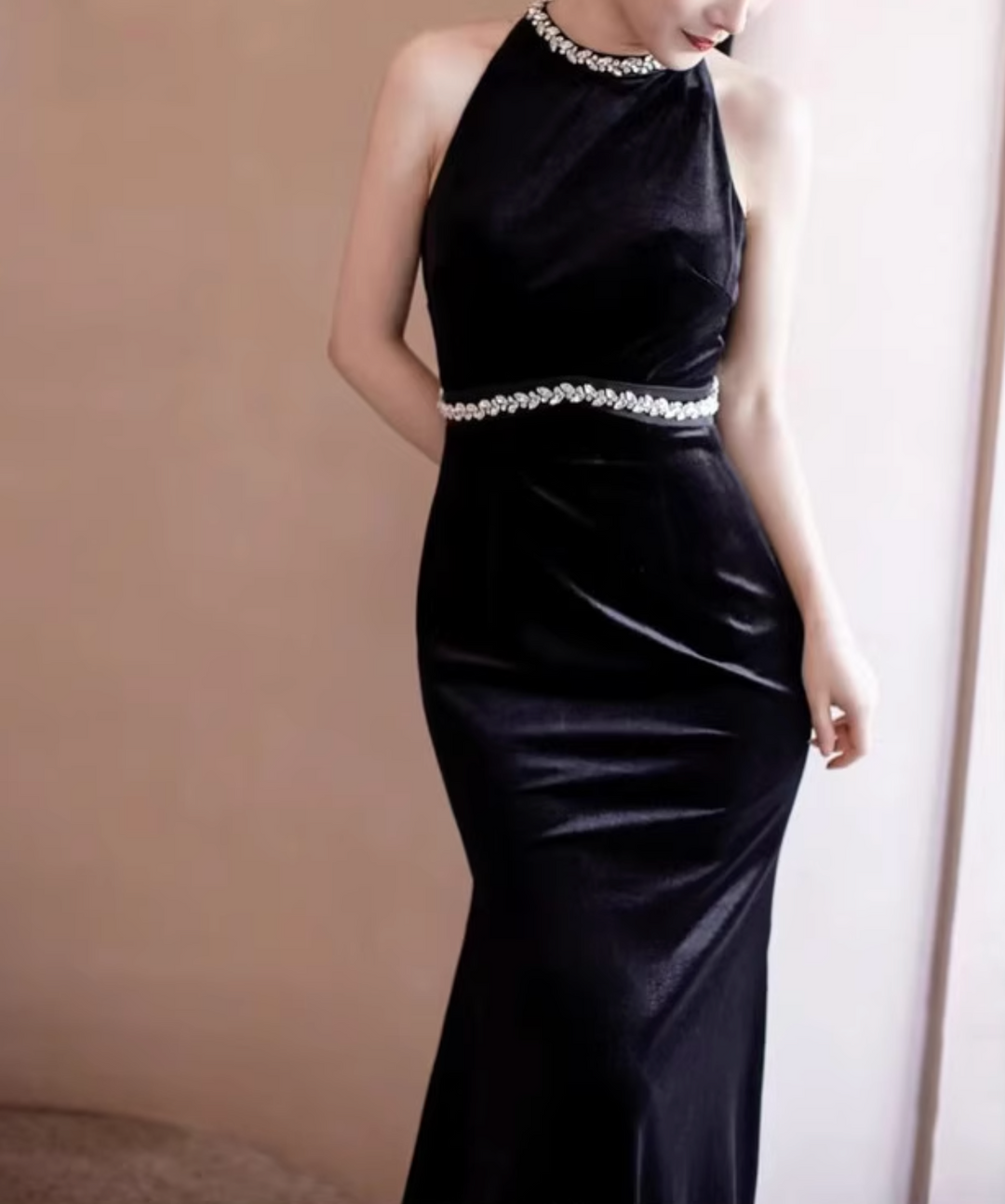 velvet halter gown with crystal trim – SILVIN