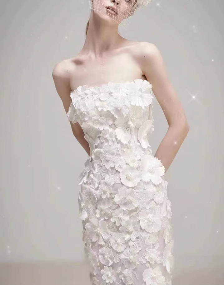 floral appliqué gown with sheer train – DARIEN