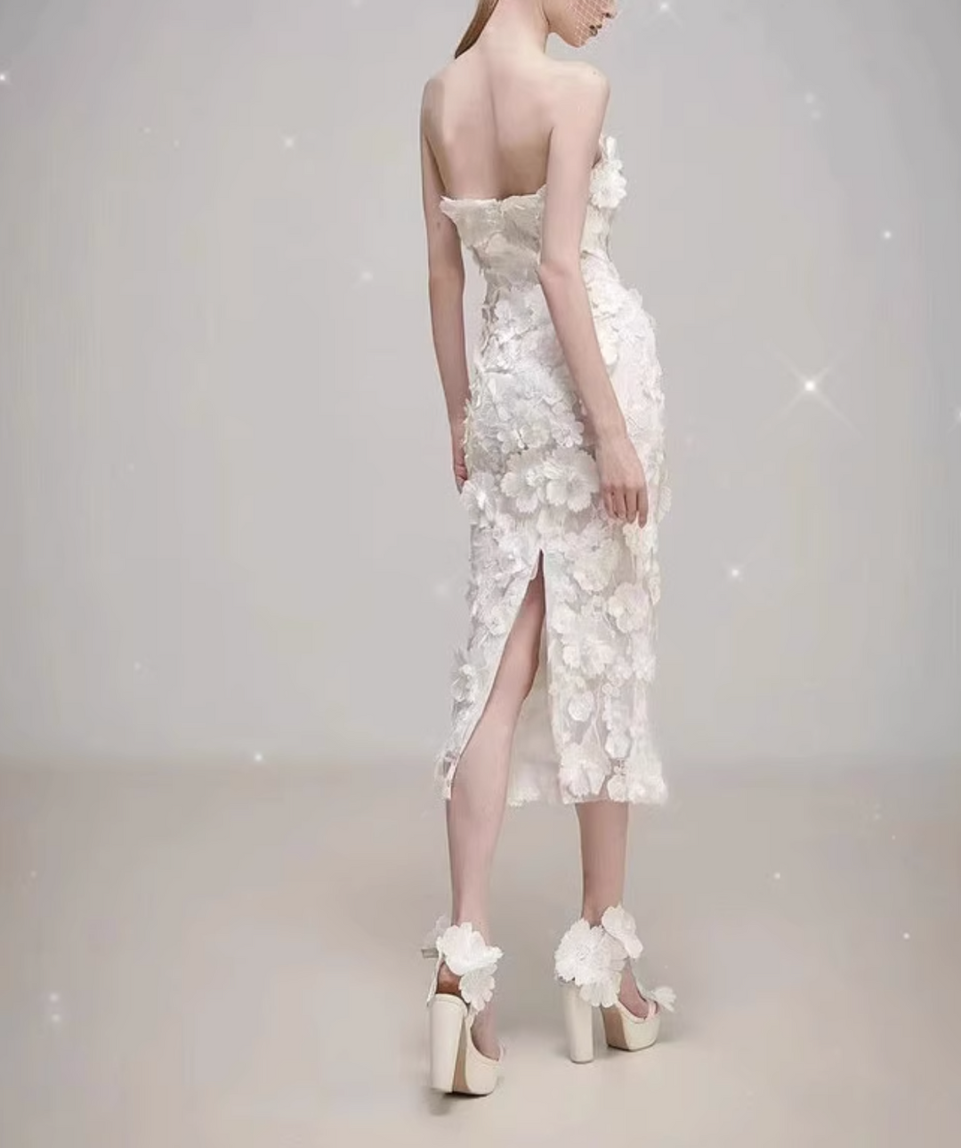 floral appliqué gown with sheer train – DARIEN