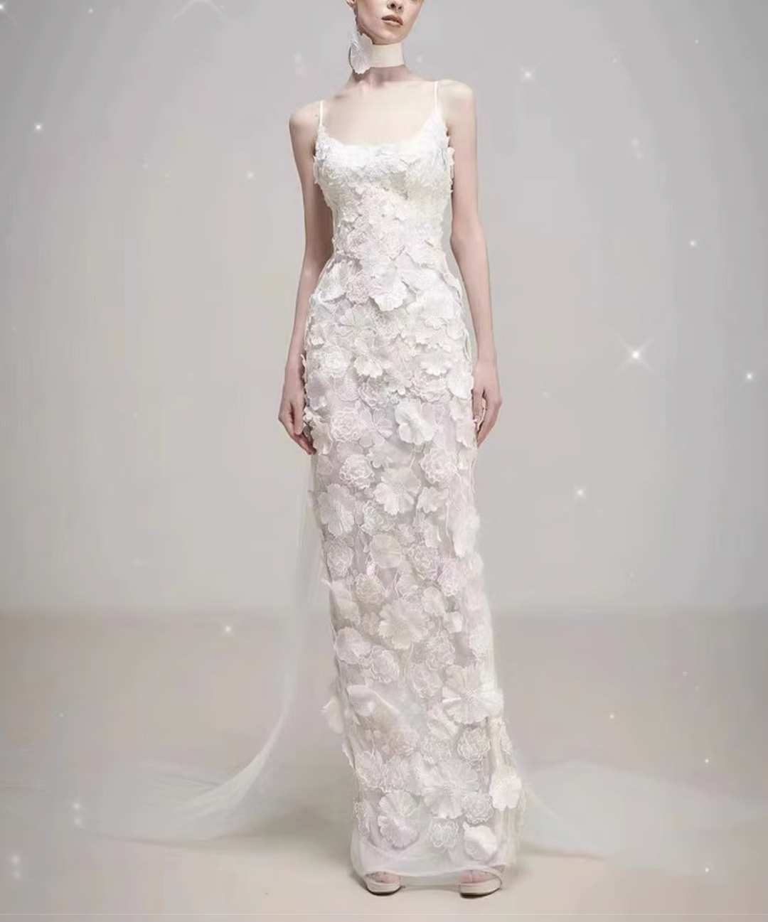 floral appliqué gown with sheer train – DARIEN