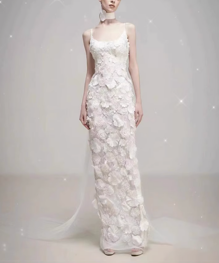 floral appliqué gown with sheer train – DARIEN
