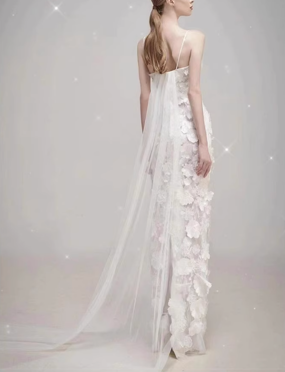 floral appliqué gown with sheer train – DARIEN