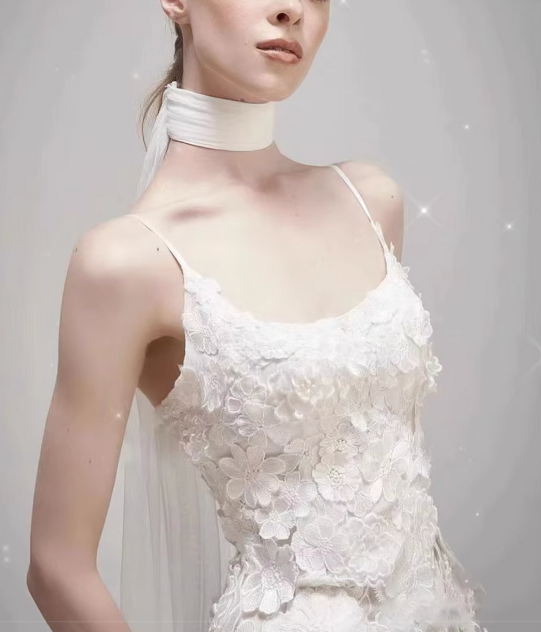 floral appliqué gown with sheer train – DARIEN