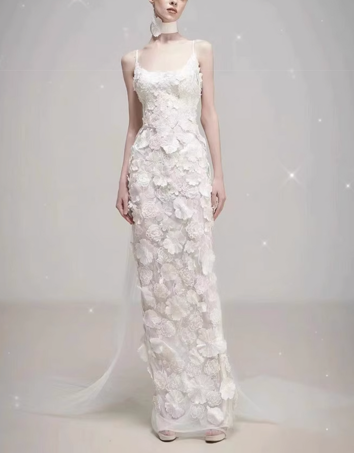 floral appliqué gown with sheer train – DARIEN