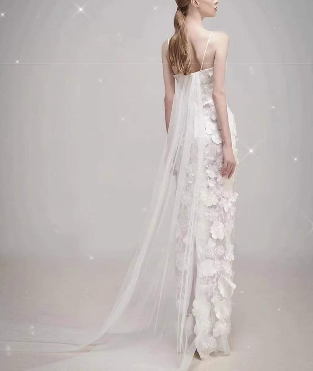 floral appliqué gown with sheer train – DARIEN