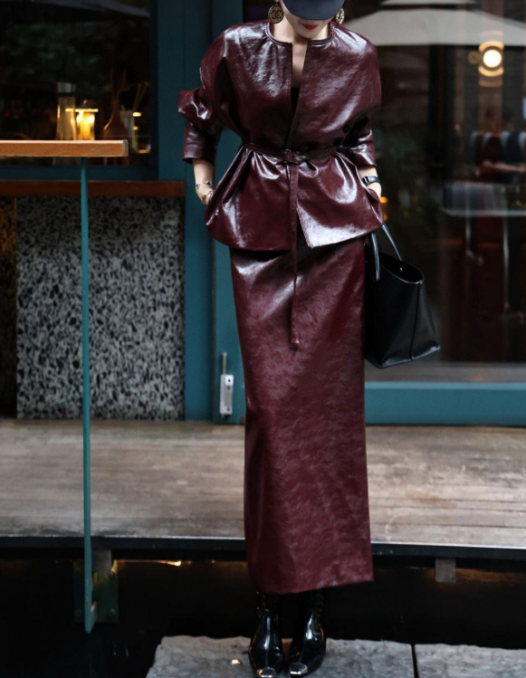 leather peplum set with fitted maxi skirt – VELVORA