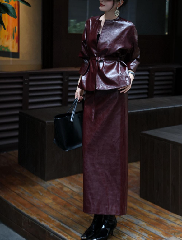 leather peplum set with fitted maxi skirt – VELVORA