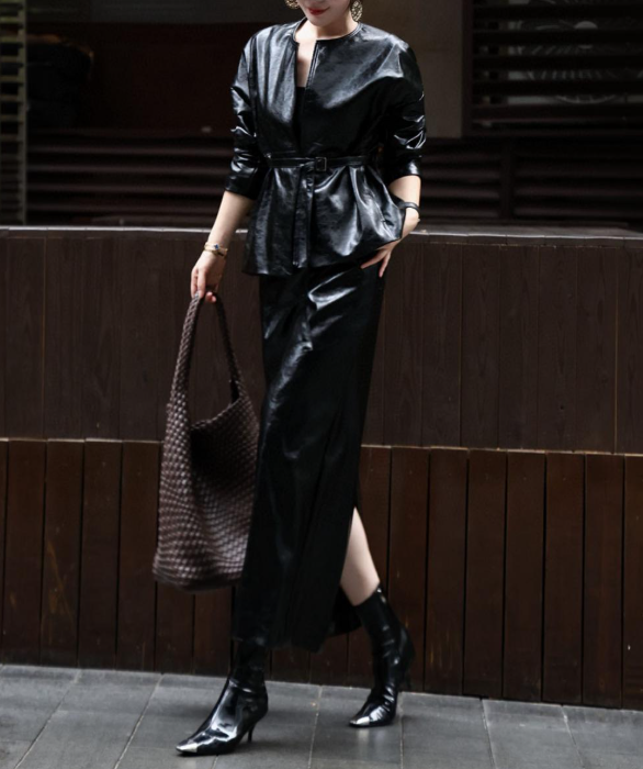 leather peplum set with fitted maxi skirt – VELVORA