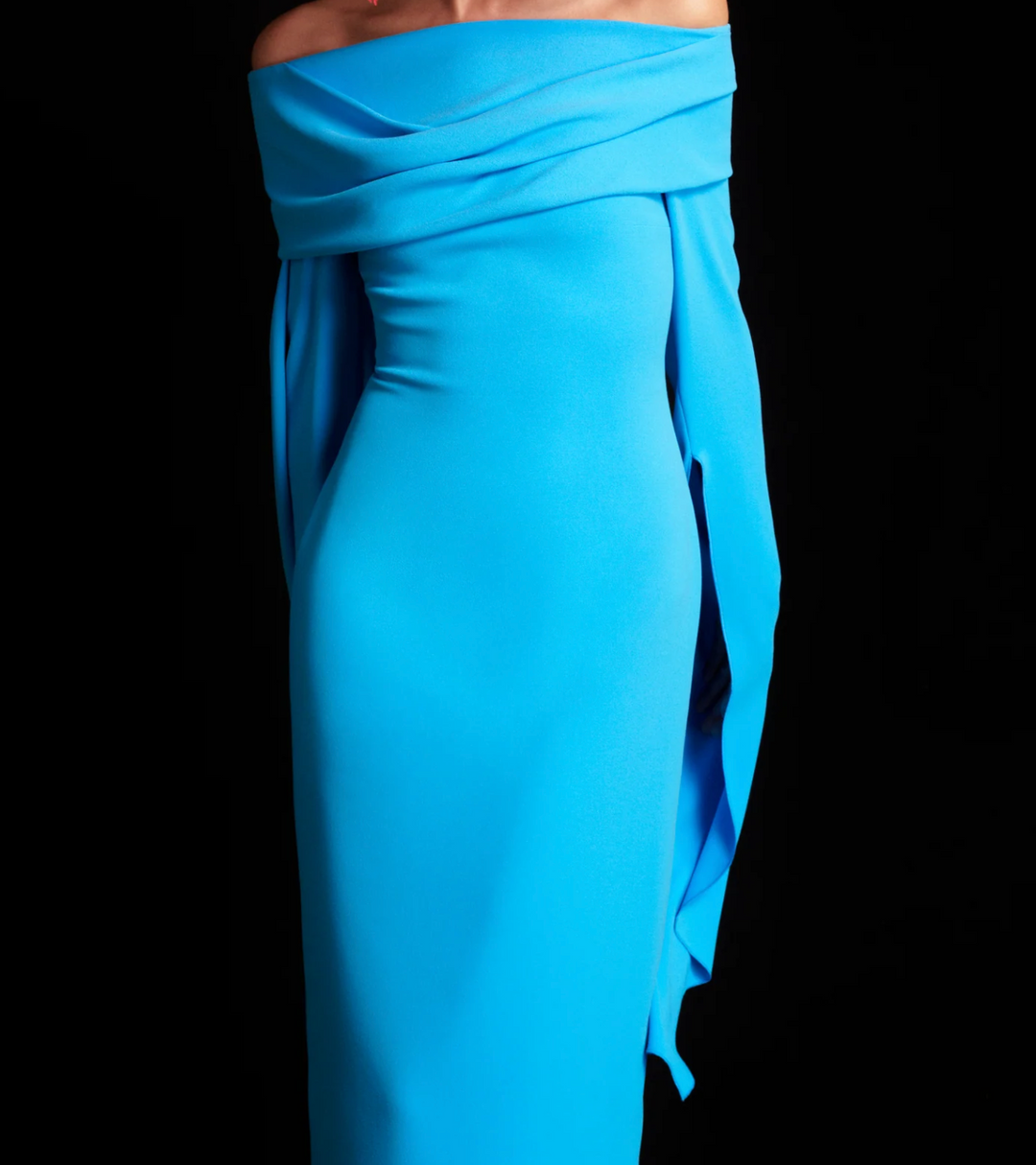 draped off-shoulder column gown with cascading sleeves – AZURE
