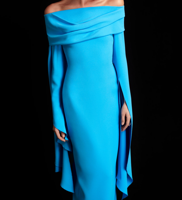 draped off-shoulder column gown with cascading sleeves – AZURE