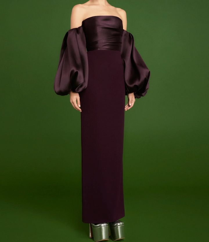 off-shoulder satin-bodice gown with voluminous sleeves – AUBERGINE