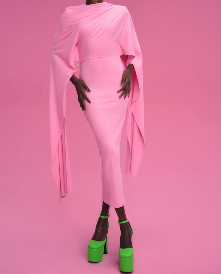 draped asymmetric cape-sleeve midi gown – BLOSSOM