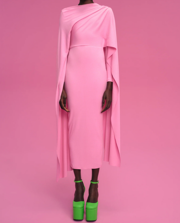 draped asymmetric cape-sleeve midi gown – BLOSSOM
