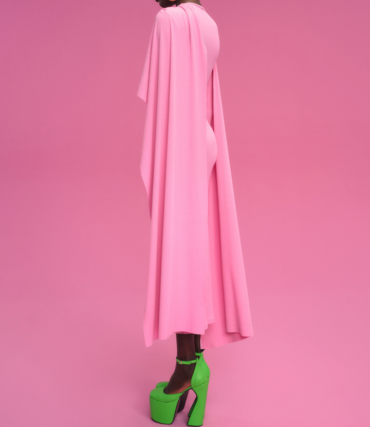 draped asymmetric cape-sleeve midi gown – BLOSSOM