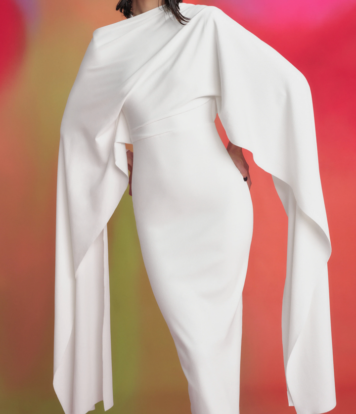 draped asymmetric cape-sleeve midi gown – BLOSSOM