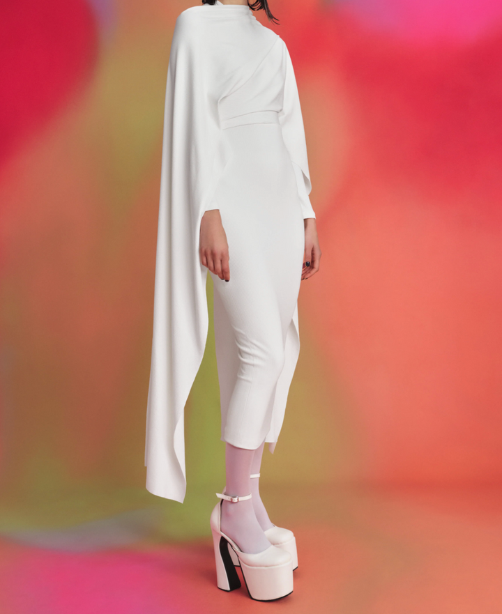 draped asymmetric cape-sleeve midi gown – BLOSSOM