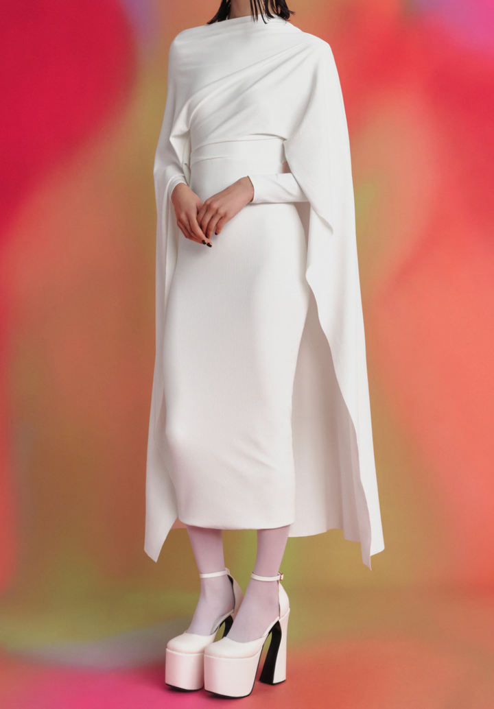 draped asymmetric cape-sleeve midi gown – BLOSSOM