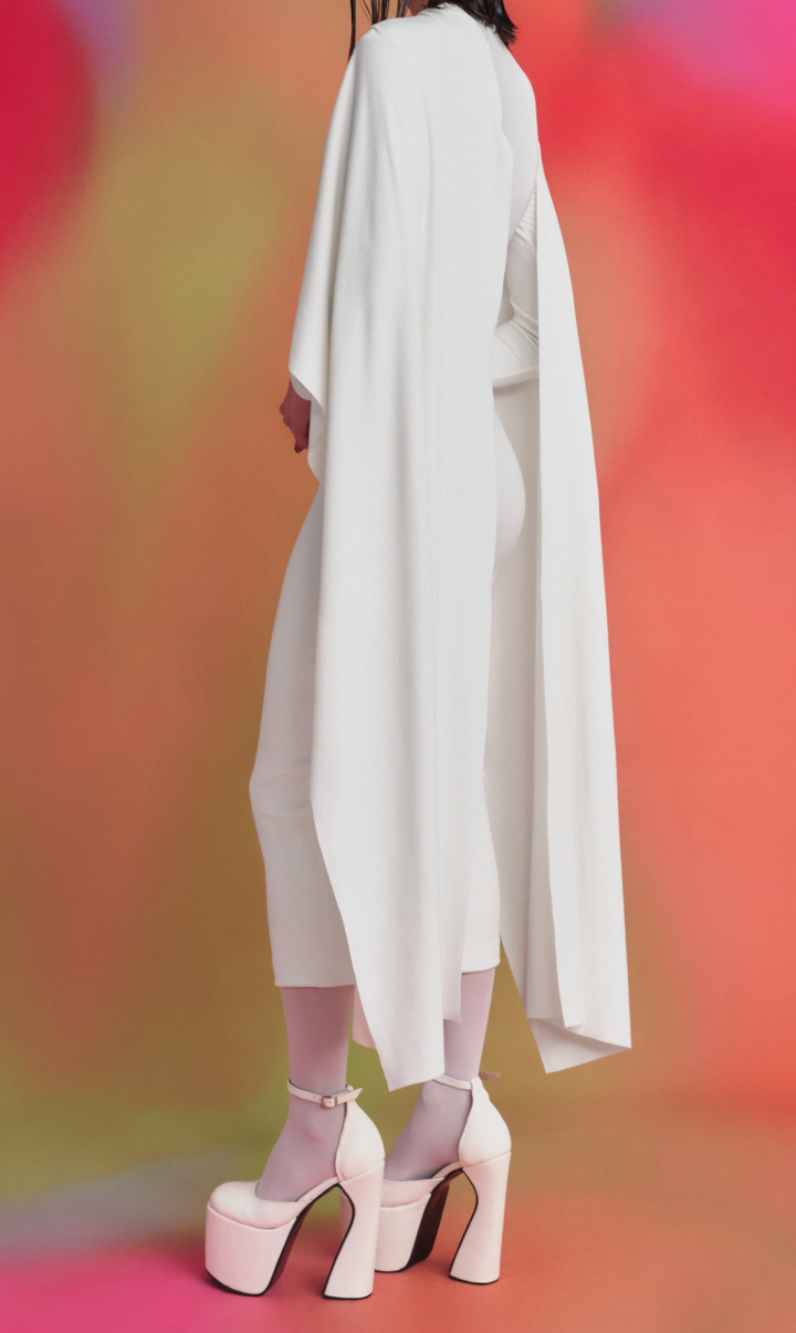 draped asymmetric cape-sleeve midi gown – BLOSSOM