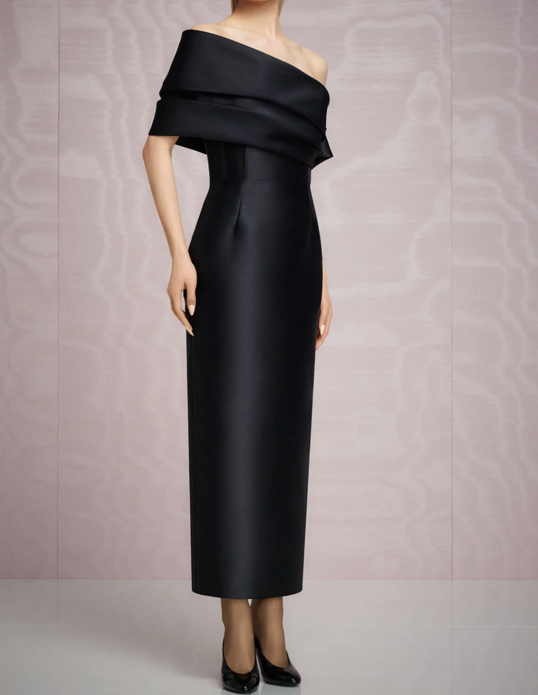 draped off-shoulder satin midi gown – NOIRD