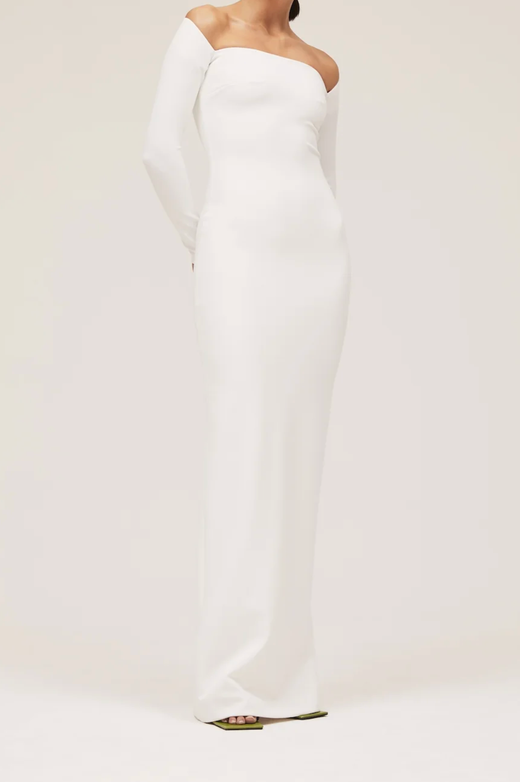 one-shoulder column gown with fitted long sleeve – IVORYA