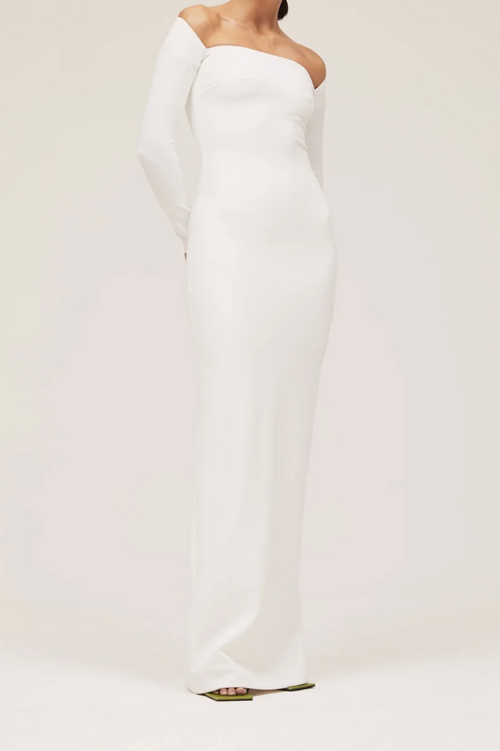 one-shoulder column gown with fitted long sleeve – IVORYA