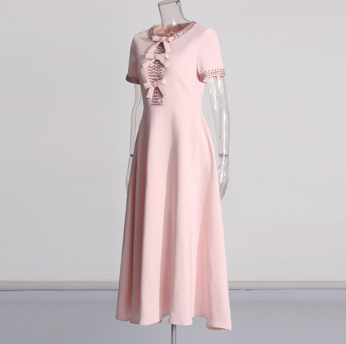 short-sleeve bow-detail maxi dress with embellished trim – ROSABELLE