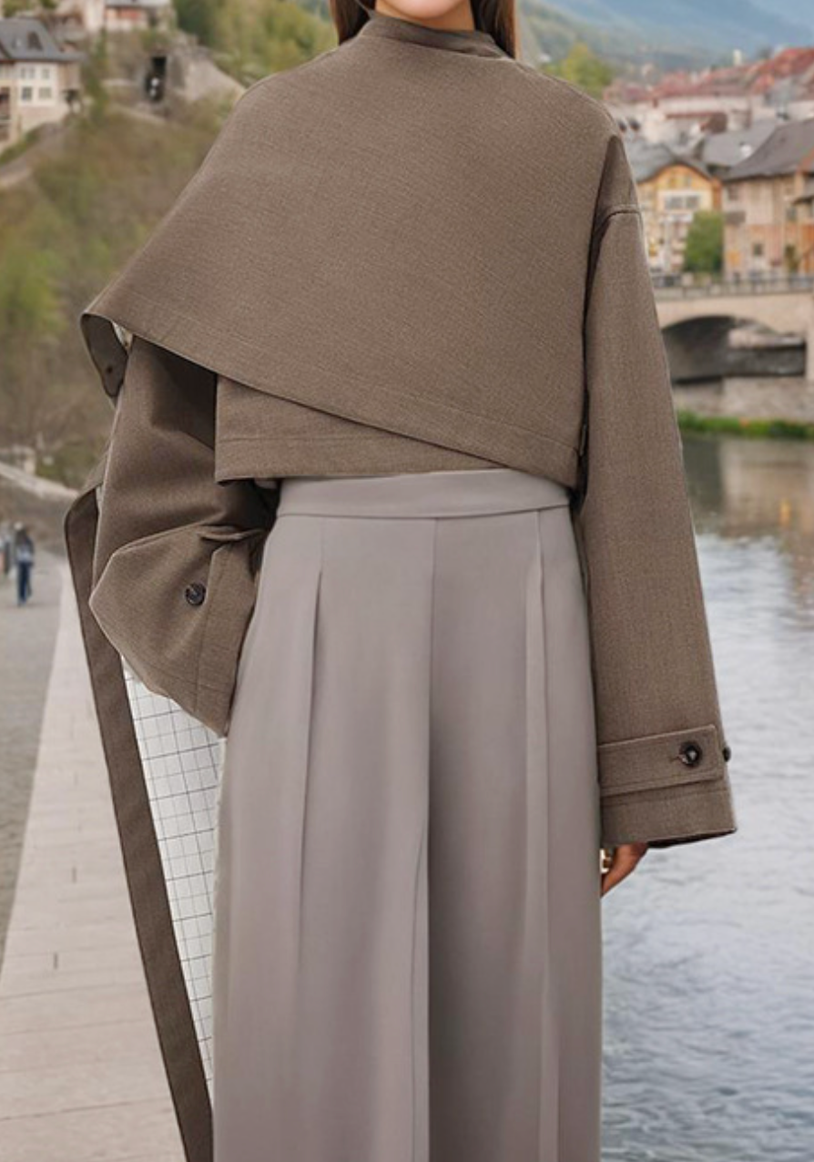 asymmetric cropped jacket with draped overlay – RHEA