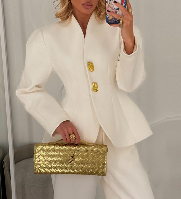 structured tailored suit with gold buttons – MAROON