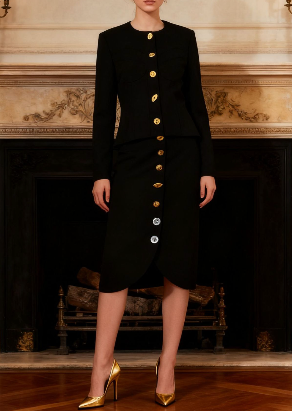 tailored jacket and buttoned midi skirt set with gold accents – ELODIE