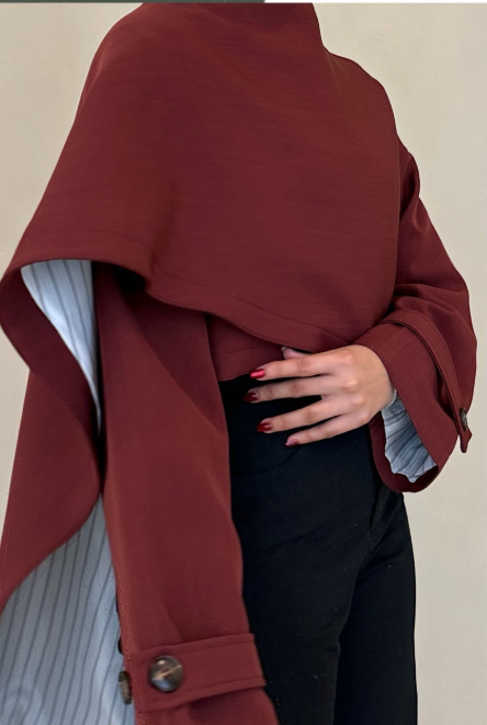 asymmetric layered tailored set with cape-style overlay – TAUPE