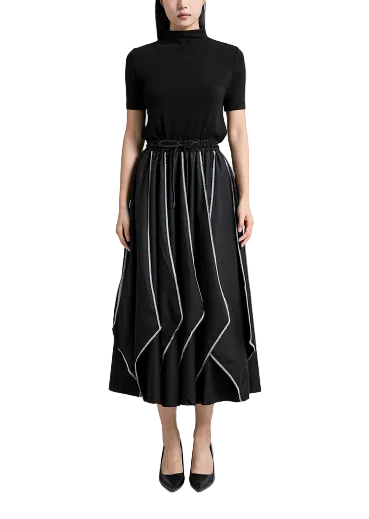 high-neck knit top with contrast-stitched midi skirt – LINE