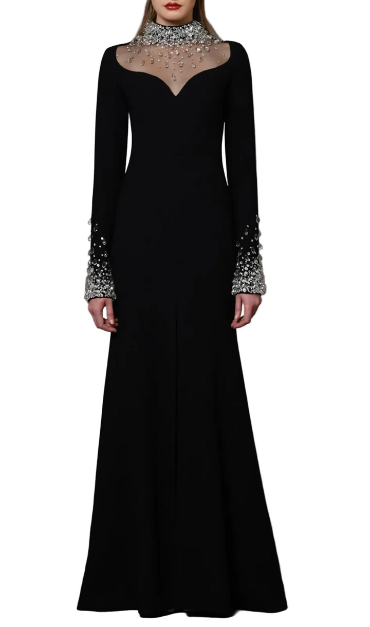 long sleeve column gown with crystal illusion neckline – CELESTE