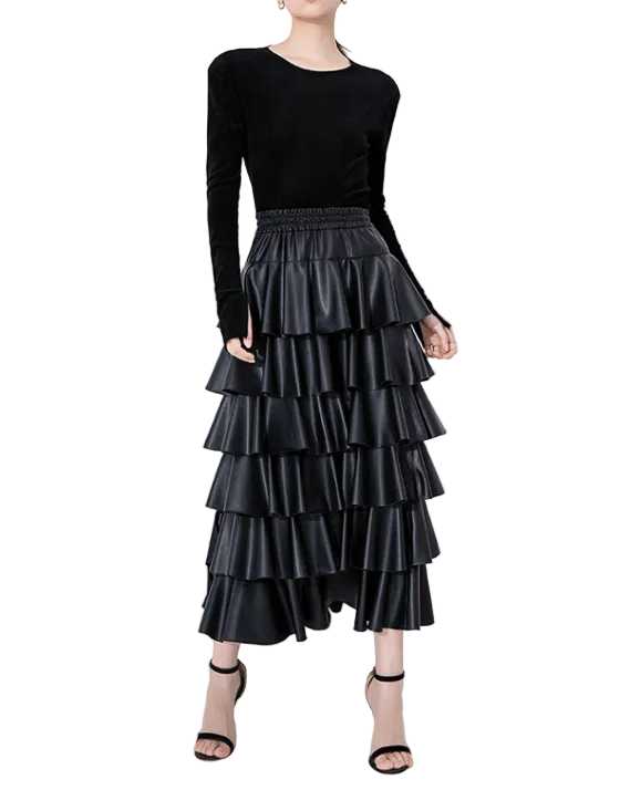 tiered faux-leather midi skirt with elastic waist – RUFFLE