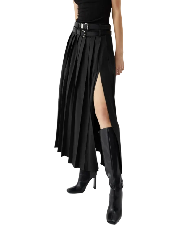pleated high-slit midi skirt with belt detail – URBAN