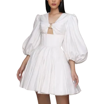 Puff-sleeve mini dress with twisted front cut-out – IVORYA