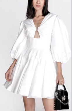 Puff-sleeve mini dress with twisted front cut-out – IVORYA