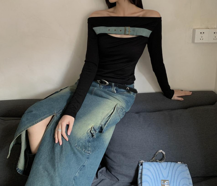 بلوزة بأكمام طويلة مكشوفة الكتفين مع حزام بإبزيم - سابر