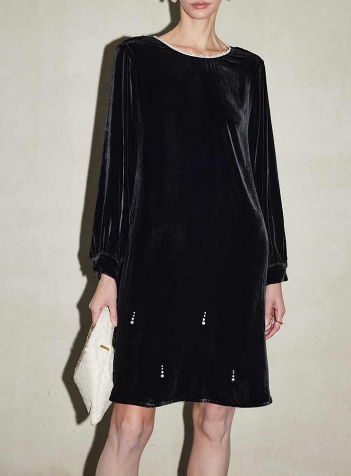 Velvet Long-Sleeve Mini Dress with Crystal Accents – SAFE
