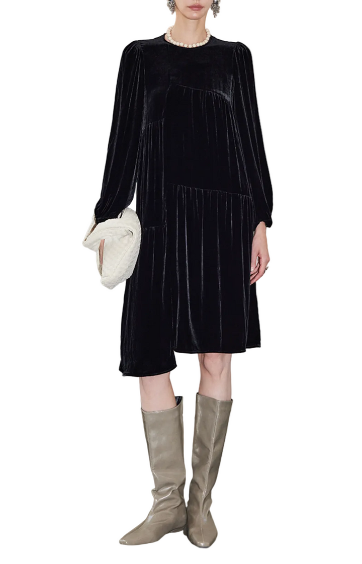 Pleated Velvet Midi Dress with Long Sleeves – RAHMA