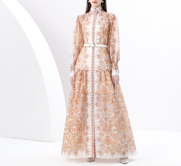 High-Neck Printed Maxi Dress with Belt – BADAWY