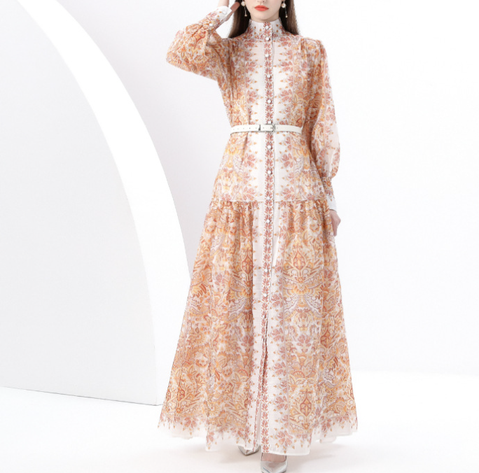 High-Neck Printed Maxi Dress with Belt – BADAWY