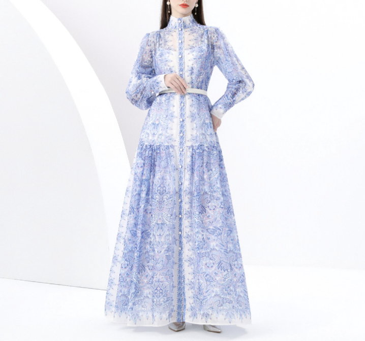 High-Neck Printed Maxi Dress with Belt – BADAWY