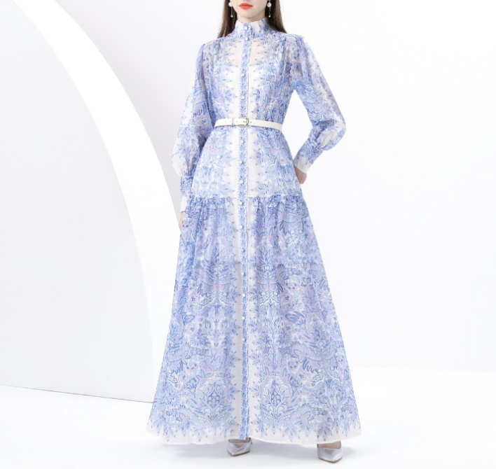 High-Neck Printed Maxi Dress with Belt – BADAWY