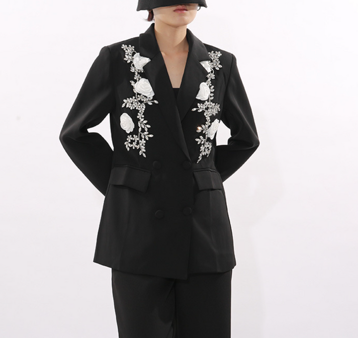 double-breasted blazer with white floral embroidery – ROSELYN