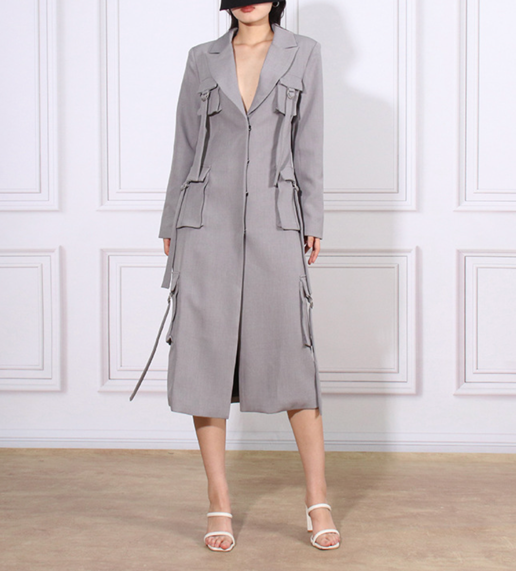 tailored long utility blazer dress with strap details – GRAYSON
