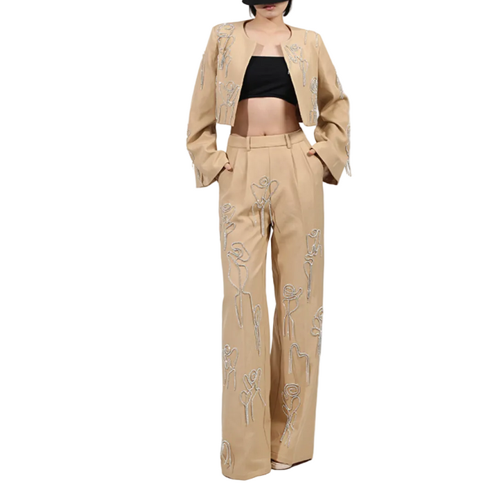 Embroidered Cropped Jacket & Wide-Leg Pants Set – ELARA